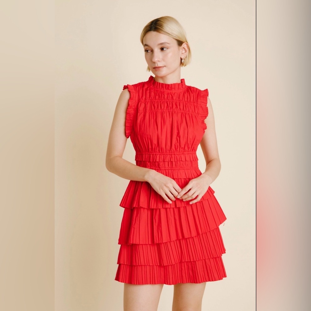 AUREUM Tiered Ruffle Poppy Red Layered Mini Dress Cotton Size Small